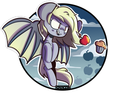 Size: 2600x2000 | Tagged: safe, artist:ronin20181, imported from derpibooru, derpy hooves, bat pony, pony, apple, bat ponified, derpybat, flying, food, muffin, race swap, simple background, solo, transparent background