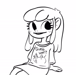 Size: 2621x2597 | Tagged: safe, artist:tjpones, imported from derpibooru, apple bloom, bird, chicken, human, anus, black and white, butt, clothes, female, freckles, grayscale, humanized, monochrome, shirt, simple background, simplistic anus, sketch, solo, white background