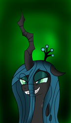Size: 1024x1776 | Tagged: safe, artist:lunahazacookie, imported from derpibooru, queen chrysalis, changeling, changeling queen, bust, colored, crown, evil grin, eye clipping through hair, female, grin, jewelry, regalia, smiling, solo
