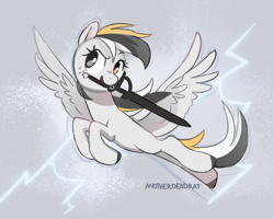 Size: 1500x1200 | Tagged: safe, artist:anotherdeadrat, imported from derpibooru, oc, oc only, oc:storm cloud river's, pegasus, pony, female, flying, freckles, full body, heterochromia, lightning, looking up, mare, mouth hold, multicolored mane, multicolored tail, pegasus oc, smiling, solo, spread wings, sword, tail, weapon, wings