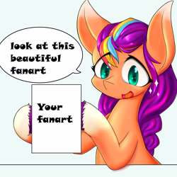 Size: 4096x4096 | Tagged: safe, artist:zemlya, imported from derpibooru, sunny starscout, earth pony, pony, coat markings, eye clipping through hair, female, g5, hoof hold, looking at something, mare, meme template, open mouth, open smile, simple background, smiling, socks (coat markings), sparkles, speech bubble, subtitles, template, text, white background