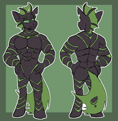 Size: 970x1000 | Tagged: safe, artist:rockin_candies, imported from derpibooru, oc, oc only, oc:villainshima, anthro, hybrid, anthro oc, barbie doll anatomy, featureless crotch, full body, green changeling, muscles, reference sheet, simple background, solo, standing