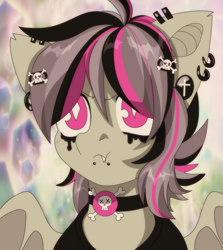 Size: 2500x2800 | Tagged: safe, artist:etoz, imported from derpibooru, oc, oc only, oc:gravel shine, bat pony, pony, '90s, 90s anime, angry, bat pony oc, bat wings, bust, choker, clothes, collar, cute, ear piercing, earring, emo, eyebrows, fangs, goth, jewelry, makeup, male, piercing, portrait, retro, shirt, stallion, style emulation, t-shirt, tsundere, white pupils, wings