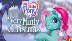 Size: 1280x720 | Tagged: safe, imported from derpibooru, minty, earth pony, pony, a very minty christmas, christmas, g3, hat, holiday, looking at you, my little pony logo, santa hat, smiling, tree