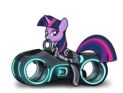 Size: 1750x1320 | Tagged: safe, artist:theuser, imported from derpibooru, twilight sparkle, alicorn, pony, bodysuit, clothes, disney, lightcycle, looking at you, mouth hold, simple background, smiling, smiling at you, solo, tron legacy, twilight sparkle (alicorn), white background