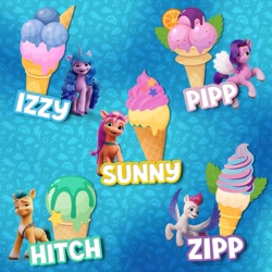 Size: 526x526 | Tagged: safe, imported from derpibooru, hitch trailblazer, izzy moonbow, pipp petals, sunny starscout, zipp storm, earth pony, pegasus, pony, unicorn, blue background, facebook, female, food, g5, ice cream, male, mare, official, simple background, stallion