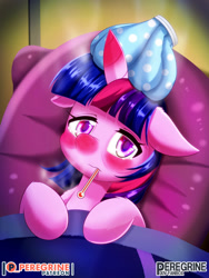 Size: 900x1200 | Tagged: safe, artist:phoenixperegrine, imported from derpibooru, twilight sparkle, alicorn, pony, ail-icorn, spoiler:interseason shorts, backwards thermometer, bed, floppy ears, scene interpretation, screencap reference, sick, sicklight sparkle, solo, thermometer, twilight sparkle (alicorn)