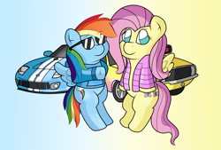 Size: 3509x2372 | Tagged: safe, artist:sparkfler85, derpibooru exclusive, imported from derpibooru, fluttershy, rainbow dash, pegasus, pony, car, clothes, dodge (car), dodge charger, female, ford, ford gt, gradient background, jacket, rainbow dash always dresses in style, sunglasses, sweater, vehicle