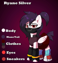Size: 1681x1822 | Tagged: safe, artist:joaothejohn, imported from derpibooru, oc, oc only, oc:ryane silver, pegasus, pony, clothes, commission, cute, looking at you, mask, palindrome get, pegasus oc, reference sheet, shoes, simple background, sneakers, text, wings