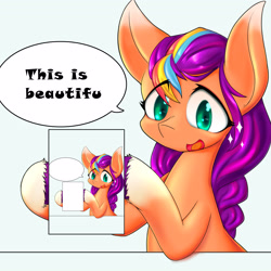 Size: 4096x4096 | Tagged: safe, artist:zemlya, imported from derpibooru, sunny starscout, earth pony, pony, coat markings, droste effect, eye clipping through hair, female, g5, hoof hold, looking at something, mare, meme template, misspelling, open mouth, open smile, recursion, simple background, smiling, socks (coat markings), sparkles, speech bubble, subtitles, template, text, white background