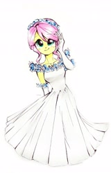 Size: 4361x6821 | Tagged: safe, artist:liaaqila, imported from derpibooru, fluttershy, human, equestria girls, clothes, commission, dress, female, solo, traditional art, wedding dress