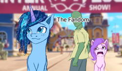 Size: 2048x1198 | Tagged: safe, artist:andley, imported from derpibooru, pipp petals, oc, oc:anon, human, pegasus, pony, unicorn, blurry background, crying, curly hair, distracted, distracted boyfriend meme, female, g5, jealous, male, mare, maretime bay, meme, misty brightdawn, my little pony: make your mark
