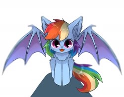 Size: 1943x1524 | Tagged: safe, artist:namaenonaipony, imported from derpibooru, rainbow dash, bat pony, pony, bat ponified, bat wings, cute, cute little fangs, dashabetes, fangs, female, fluffy, looking at you, mare, open mouth, race swap, rainbowbat, simple background, solo, spread wings, white background, wings