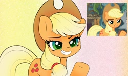 Size: 2500x1500 | Tagged: safe, artist:zokkili, imported from derpibooru, screencap, applejack, earth pony, pony, shadow play, abstract background, applejack's hat, cowboy hat, female, grin, gritted teeth, hat, mare, raised hoof, scene interpretation, screencap reference, smiling, solo, teeth, underhoof