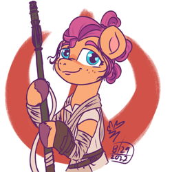 Size: 1000x1000 | Tagged: safe, artist:erynerikard, imported from derpibooru, sunny starscout, earth pony, pony, alternate hairstyle, arm wraps, belt, bo staff, clothes, cosplay, costume, crossover, digital art, freckles, g5, my little pony: a new generation, rey, simple background, solo, star wars, star wars: the force awakens