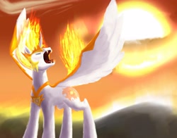 Size: 3348x2628 | Tagged: safe, artist:gosha305, derpibooru exclusive, imported from derpibooru, daybreaker, alicorn, pony, fangs, fire, jewelry, regalia, roar, solo, spread wings, sun, wings