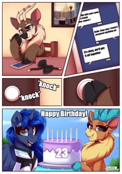 Size: 2100x3000 | Tagged: safe, artist:shadowreindeer, imported from derpibooru, princess luna, oc, oc:kevin reindeer, alicorn, android, deer, reindeer, robot, them's fightin' herds, birthday, bow, cake, candle, cellphone, cloven hooves, community related, connor luna, deer oc, detroit: become human, dialogue, food, non-pony oc, painting, phone, phone screen, reindeer oc, rk900, smartphone, velvet (tfh)