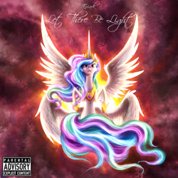 Size: 1400x1400 | Tagged: safe, artist:stepandy, imported from derpibooru, princess celestia, alicorn, pony, seraph, seraphicorn, abstract background, album cover, brony music, chi chi, exiark, floating, let there be light, looking up, multiple wings, open mouth, solo, spread wings, wings