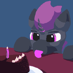 Size: 1024x1024 | Tagged: safe, artist:vohd, imported from derpibooru, oc, oc only, oc:vanrubex, pony, unicorn, animated, cake, dish, food, gif, pixel art, solo, table, tongue out