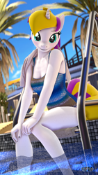 Size: 1080x1920 | Tagged: safe, artist:anthroponiessfm, imported from derpibooru, oc, oc:sprinkles, anthro, unicorn, 3d, anthro oc, blushing, breasts, clothes, cute, female, horn, looking at you, one-piece swimsuit, smiling, solo, source filmmaker, swimming pool, swimsuit, towel, unicorn oc