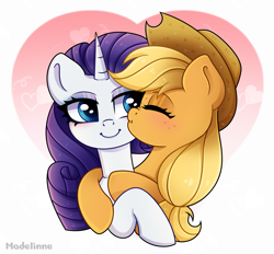 Size: 2544x2364 | Tagged: safe, artist:madelinne, imported from derpibooru, applejack, rarity, earth pony, pony, unicorn, cheek kiss, cute, duo, female, hug, jackabetes, kissing, lesbian, mare, raribetes, rarijack, shipping, simple background, white background