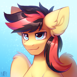 Size: 3000x3000 | Tagged: safe, artist:argigen, imported from derpibooru, oc, pegasus, pony, bust, colored ears, high res, pegasus oc, portrait, red and black mane, simple background, solo