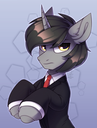 Size: 2153x2840 | Tagged: safe, artist:argigen, imported from derpibooru, oc, pony, unicorn, bust, clothes, costume, high res, horn, male, necktie, portrait, simple background, stallion, unicorn oc