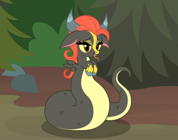 Size: 2424x1910 | Tagged: safe, artist:badumsquish, derpibooru exclusive, imported from derpibooru, oc, oc only, hybrid, monster pony, ophiotaurus, original species, pony, snake, snake pony, eyeshadow, fangs, female, floppy ears, forest, forked tongue, horns, interspecies offspring, lidded eyes, long tongue, looking at you, makeup, mare, offspring, open mouth, open smile, parent:fluttershy, parent:ophiotaurus, raised hooves, show accurate, smiling, solo, tongue out, unshorn fetlocks, yellow sclera