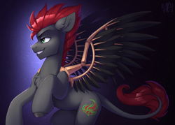 Size: 4305x3075 | Tagged: safe, artist:argigen, imported from derpibooru, oc, oc:tan-dreamstiller, pegasus, pony, absurd resolution, artificial wings, augmented, male, mechanical wing, simple background, smiling, solo, wings