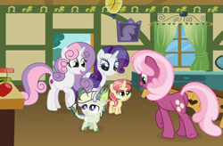 Size: 1024x671 | Tagged: safe, artist:velveagicsentryyt, imported from derpibooru, cheerilee, rarity, sweetie belle, oc, oc:burnity, oc:strawberlly, dracony, hybrid, pony, auntie rarity, auntie sweetie belle, base used, interspecies offspring, offspring, parent:button mash, parent:rarity, parent:spike, parent:sweetie belle, parents:sparity, parents:sweetiemash