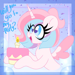 Size: 1280x1280 | Tagged: safe, artist:ladylullabystar, imported from derpibooru, oc, oc:lullaby star, alicorn, pony, alicorn oc, cake, female, food, horn, mare, solo, wings