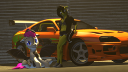 Size: 1920x1080 | Tagged: safe, artist:dub_cotton, imported from derpibooru, oc, oc only, oc:lance, oc:zedwin, anthro, bat pony, pony, 3d, anthro with ponies, car, duo, fast and furious, toyota, toyota supra