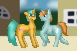 Size: 1505x1000 | Tagged: safe, artist:lil_vampirecj, imported from derpibooru, snails, snips, pony, unicorn, adult, best friends, looking at each other, looking at someone, meeting, pair, scene, smiling, smiling at each other