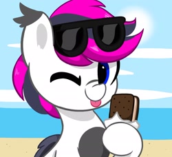 Size: 2048x1865 | Tagged: safe, artist:kittyrosie, imported from derpibooru, oc, oc only, oc:lance, bat pony, pony, :p, beach, commission, ocean, one eye closed, solo, sunglasses, tongue out, water, wink
