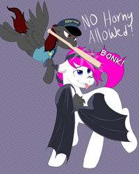 Size: 4000x5000 | Tagged: safe, artist:dicemarensfw, imported from derpibooru, oc, oc only, oc:dicemare, oc:lance, bat pony, pegasus, pony, baseball bat, bat on bat violence, bonk, duo, horny jail, mouth hold, police, tongue out