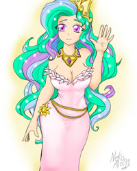 Size: 640x800 | Tagged: safe, artist:a.s.e, imported from derpibooru, princess celestia, human, bare shoulders, breasts, busty princess celestia, cleavage, clothes, ethereal mane, eye clipping through hair, female, humanized, jewelry, looking at you, regalia, simple background, solo, white background