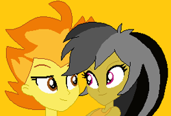 Size: 283x191 | Tagged: safe, artist:jadeharmony, artist:selenaede, imported from derpibooru, daring do, spitfire, human, equestria girls, base used, bust, daringfire, duo, equestria girls-ified, female, lesbian, looking at each other, looking at someone, orange background, picture for breezies, shipping, simple background