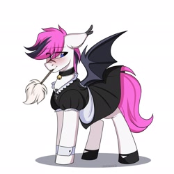 Size: 2048x2048 | Tagged: safe, artist:cottonaime, imported from derpibooru, oc, oc only, oc:lance, bat pony, pony, bell, bell collar, clothes, collar, crossdressing, duster, maid, male, simple background, solo, stallion, white background