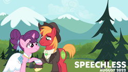 Size: 2064x1162 | Tagged: safe, artist:boneswolbach, artist:cheezedoodle96, artist:not-yet-a-brony, edit, imported from derpibooru, big macintosh, sugar belle, earth pony, unicorn, 2022, august, clothes, dan + shay, dress, female, hat, husband and wife, lyrics in the description, male, mare, mountain, mountain range, shipping, song reference, speechless, stallion, straight, sugarmac, suit, tree, youtube link in the description