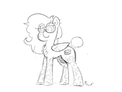 Size: 1600x1200 | Tagged: safe, artist:floof hoof, imported from derpibooru, oc, oc only, oc:double stuff, pegasus, pony, ear piercing, female, glasses, looking at you, mare, monochrome, mottled coat, piercing, simple background, sketch, solo, spots, white background