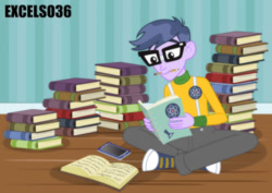 Size: 935x661 | Tagged: safe, artist:excelso36, imported from derpibooru, part of a set, microchips, human, equestria girls, book, cellphone, clothes, converse, glasses, homework, male, pencil, phone, shoes, solo, studying