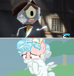 Size: 474x490 | Tagged: safe, edit, edited screencap, imported from derpibooru, screencap, cozy glow, cyclops, pegasus, pony, season 9, the ending of the end, spoiler:s09, bow, cartoon network, female, filly, foal, hair bow, male, petrification, pinpoint eyes, rob, scared, spread wings, the amazing world of gumball, turned to stone, wings
