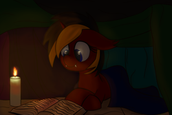 Size: 3000x2000 | Tagged: safe, artist:memeancholy, imported from derpibooru, oc, oc only, oc:red flame, bat pony, pony, unicorn, bat pony oc, book, candle, crossed hooves, crossed legs, floppy ears, looking down, lying down, reading, solo