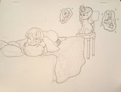 Size: 2534x1925 | Tagged: artist needed, safe, imported from derpibooru, twilight sparkle, human, pony, unicorn, equestria girls, 4chan, ass, bed, brush, butt, chair, clothes, crying, hairbrush, hug, magic, mama twilight, pillow, pillow hug, punishment, self paradox, self ponidox, self spanking, spanking, tears of pain, telekinesis, traditional art, underwear, underwear removed