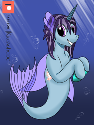 Size: 1536x2048 | Tagged: safe, artist:kathalia, imported from derpibooru, oc, oc only, alicorn, merpony, pony, seapony (g4), bubble, commission, crepuscular rays, digital art, female, fin wings, fins, fish tail, flowing tail, horn, looking at you, mare, ocean, patreon, patreon logo, purple eyes, purple mane, seaponified, sketch, smiling, smiling at you, solo, species swap, sunlight, tail, teeth, underwater, water, wings