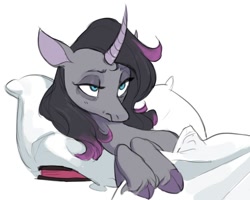 Size: 1108x886 | Tagged: safe, artist:cadillac-dynamite, imported from derpibooru, classical unicorn, unicorn, them's fightin' herds, book, cloven hooves, community related, curved horn, female, horn, lidded eyes, messy mane, oleander (tfh), pillow, simple background, sleepy, solo, tired, unamused, unicornomicon, unshorn fetlocks, white background