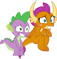 Size: 5817x6001 | Tagged: safe, artist:memnoch, artist:ponygamer2020, artist:porygon2z, editor:ponygamer2020, imported from derpibooru, smolder, spike, dragon, make new friends but keep discord, uprooted, absurd resolution, blushing, covering, covering crotch, cute, dragoness, duo, embarrassed, female, male, naked smolder, naked spike, sheepish grin, shipping, simple background, sitting, smolderbetes, spolder, straight, transparent background, vector, we don't normally wear clothes, wings