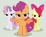 Size: 150x121 | Tagged: safe, artist:iks83, imported from derpibooru, apple bloom, scootaloo, sweetie belle, earth pony, pegasus, pony, unicorn, flight to the finish, animated, apple bloom's bow, bow, cutie mark crusaders, female, filly, foal, gif, gif for breezies, hair bow, hearts as strong as horses, picture for breezies