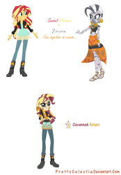 Size: 938x1344 | Tagged: safe, artist:prettycelestia, imported from twibooru, sunset shimmer, zecora, equestria girls, boots, clothes, fusion, image, jewelry, png, ring, shoes, tattoo