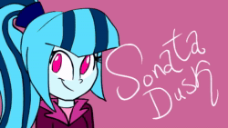 Size: 1280x720 | Tagged: safe, artist:wubcakeva, edit, imported from derpibooru, sonata dusk, human, equestria girls, animated, asdfmovie, looking at you, music, smiling, sound, tom's dog, webm
